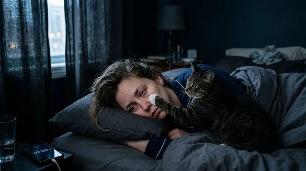 night morning cat begging for food — cat pawing at sleeping owner's face in dark apartment bedroom at early morning