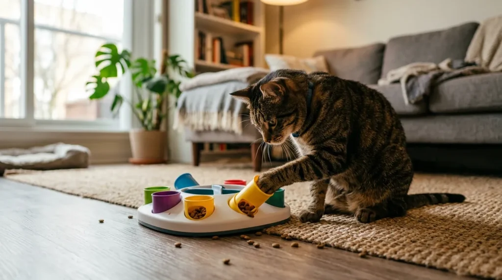 puzzle feeder stop cat begging for food — tabby cat actively working puzzle feeder on apartment floor fully engaged