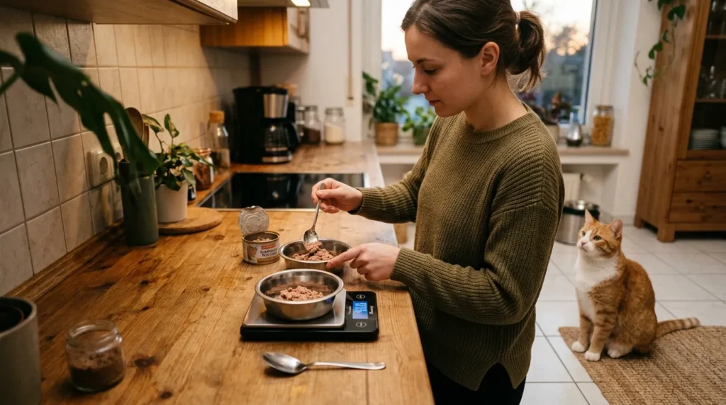 cat food quality meal structure stop begging — owner measuring wet food portions on kitchen scale with calm cat waiting in apartment kitchen
