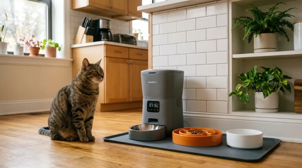 how to stop cat begging for food solutions — timed feeder puzzle feeder and calm cat in organized apartment kitchen