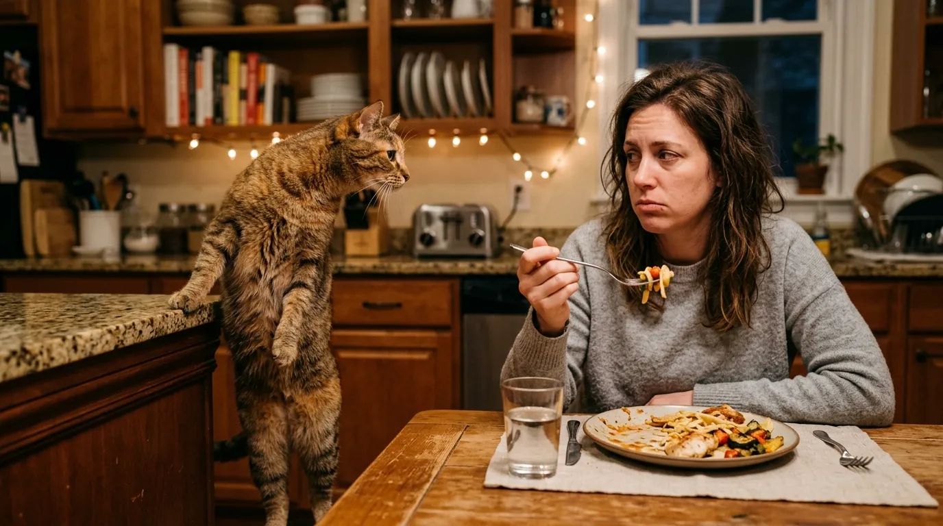 how to stop cat begging for food — tabby cat standing at counter edge staring at owner eating dinner in apartment kitchen
