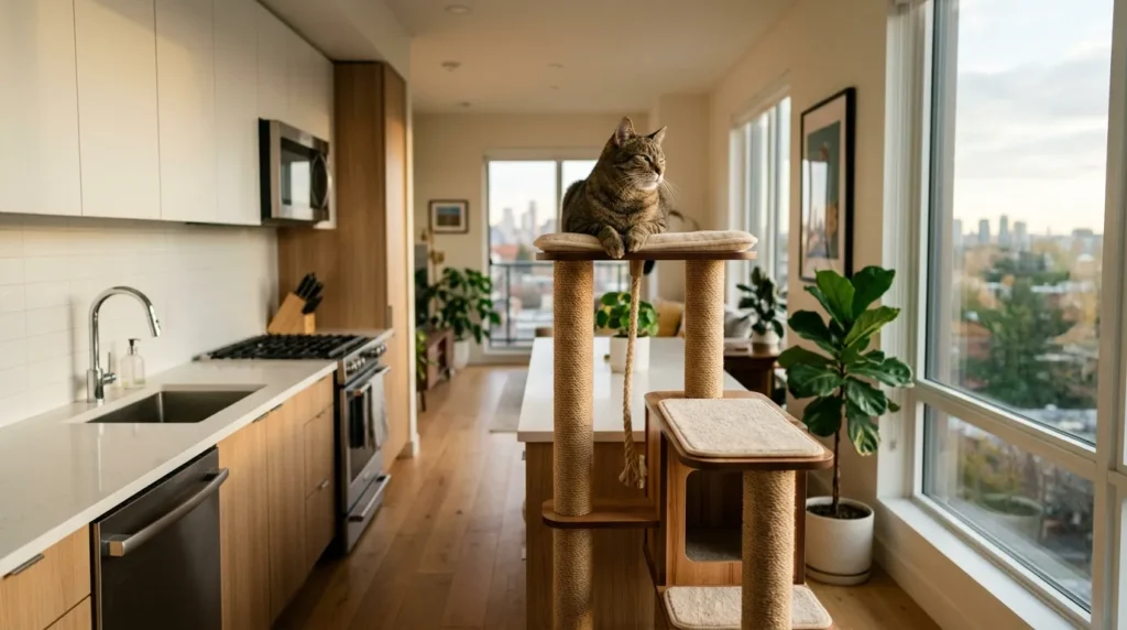 cat counter alternative perch — a tall cat tree placed beside a kitchen counter giving a cat the same height access in an apartment