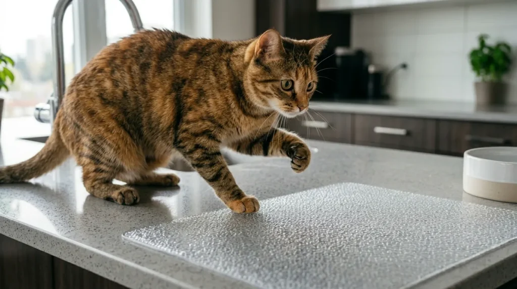 counter deterrent mat — a texture mat placed on an apartment kitchen counter surface that cats find uncomfortable to stand on