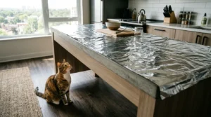 aluminum foil counter deterrent — kitchen counter covered in aluminum foil to deter cat jumping in an apartment 