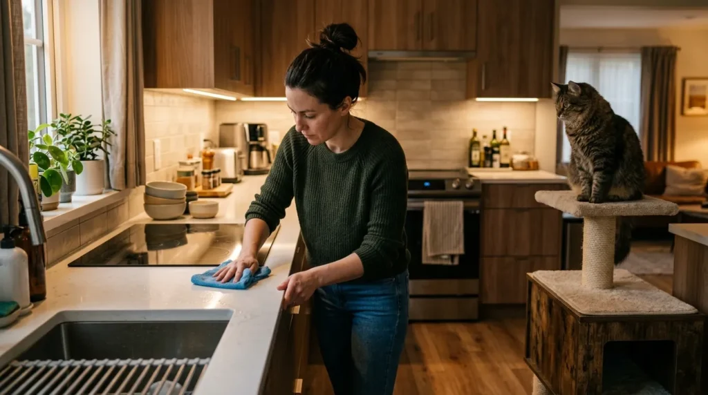 food smell removal kitchen — a person wiping down a kitchen counter thoroughly with a cloth after cooking to remove cat-attracting food smells