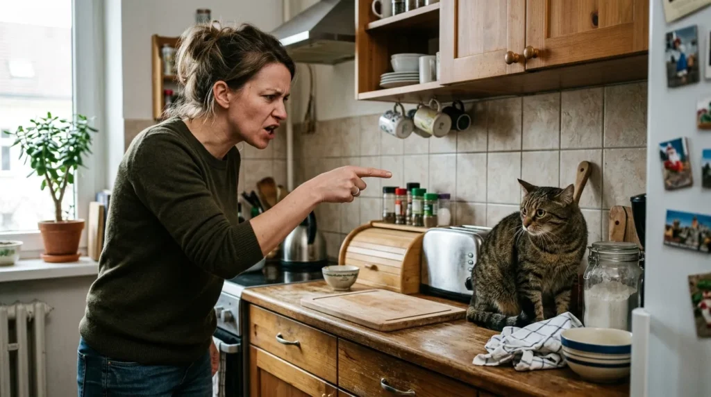 cat counter mistake — a person shouting at a cat on the kitchen counter which causes the cat to look stressed rather than stopping the behavior