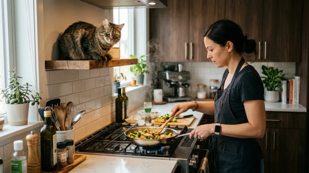 how to stop cat jumping on counters motivation — a cat sitting on a kitchen counter near the stove watching its owner cook below
