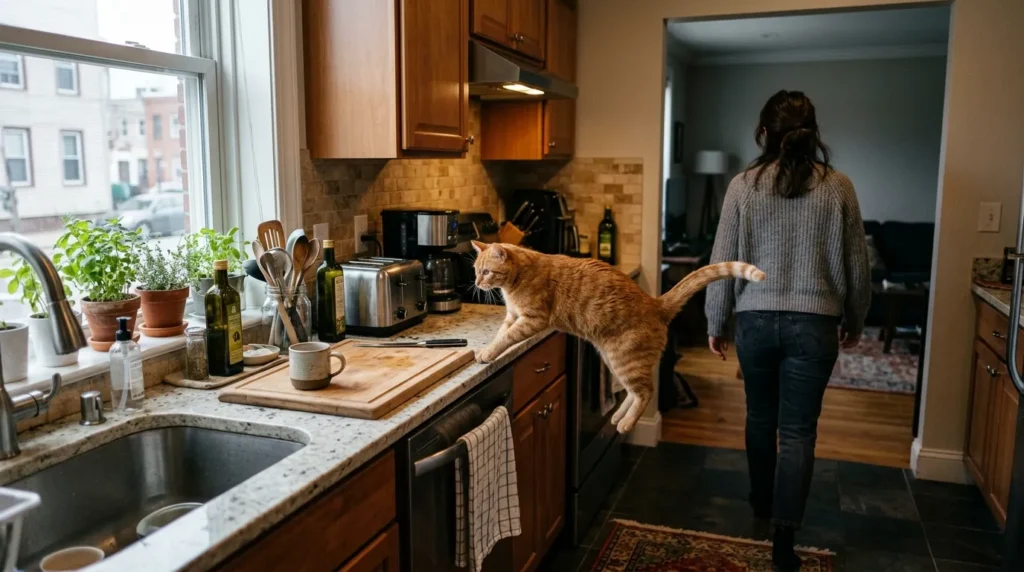 persistent cat counter jumping — a cat jumping back onto a counter the moment an owner turns away in an apartment kitchen