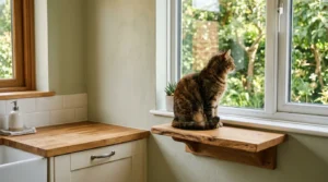 cat window perch kitchen — a cat shelf mounted at counter height near a kitchen window as an alternative high spot
