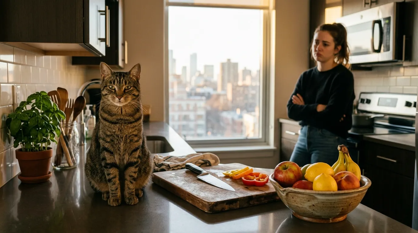 how to stop cat jumping on counters — a cat sitting on a kitchen counter next to food prep items while an owner looks frustrated in the background
