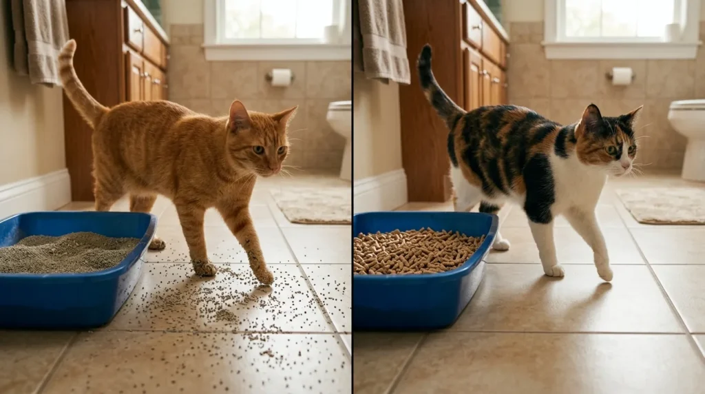 litter box design stops tracking — high-sided open litter box with litter contained inside and clean floor compared to low-sided box with litter scattered outside