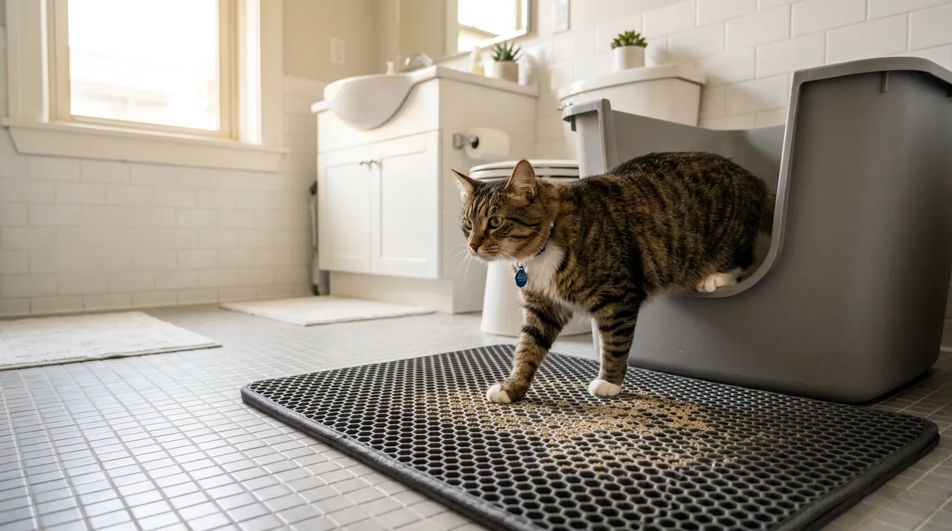 how to stop cat litter tracking — cat stepping out of a litter box onto a large honeycomb mat with clean apartment floor visible around it showing no scattered litter