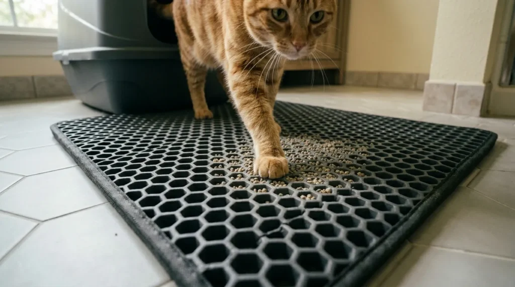 litter mat stops cat tracking — oversized honeycomb litter mat in front of a litter box with collected litter particles visible in the mat pockets