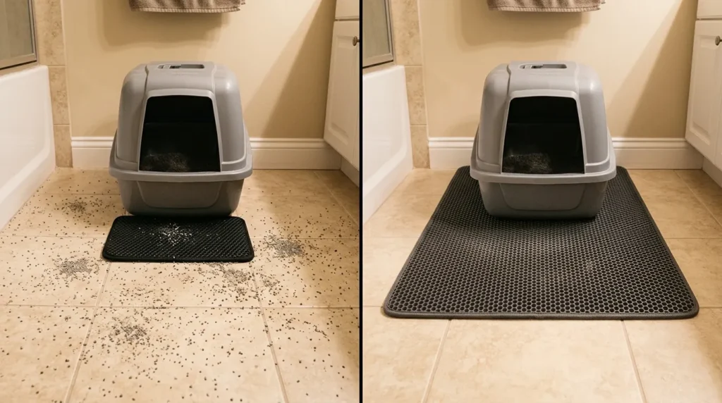 litter mat size for cat tracking — comparison of a small inadequate litter mat versus a correctly sized large mat extending around a litter box