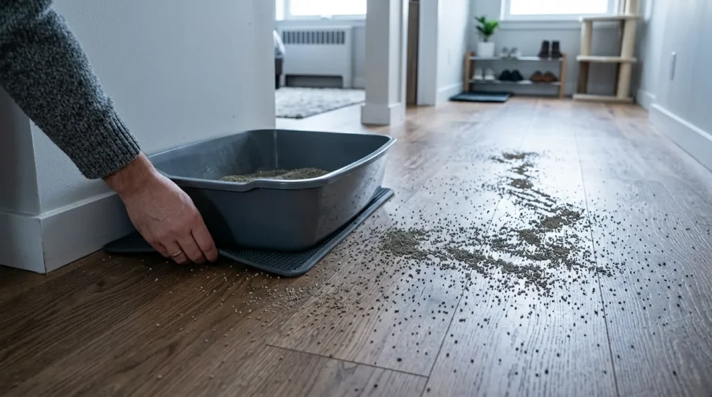 litter tracking mistakes — small inadequate mat positioned only under the litter box not in front of the exit showing the most common tracking setup error