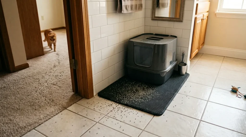 litter box placement stops tracking spread — litter box positioned in a tiled bathroom corner showing how hard floors limit litter spread compared to carpeted areas