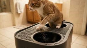 top entry litter box tracking prevention — cat stepping out through the perforated top lid of a top-entry box with litter particles falling back into the box