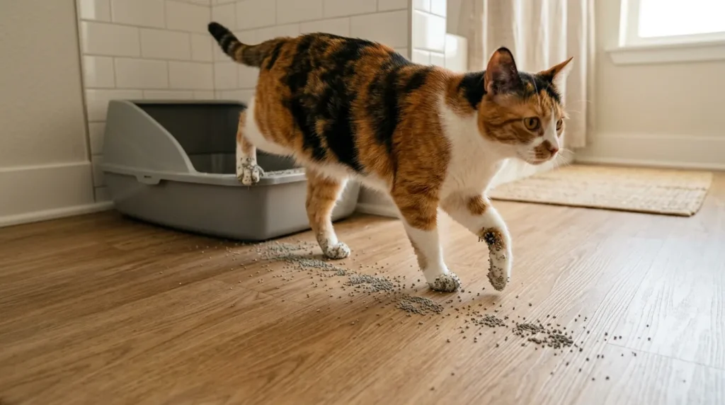 why cat litter tracking happens — cat exiting a litter box with litter particles visibly clinging to paw fur tracking across an apartment floor