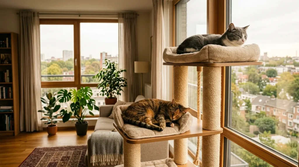indoor cat mental stimulation — orange tabby cat leaping to catch a feather wand toy in a bright apartment living room