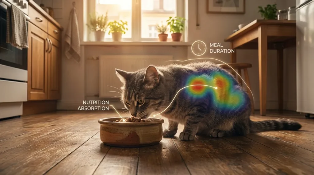  indoor cat feeding — gray cat eating wet food from a ceramic bowl in a small apartment kitchen 
