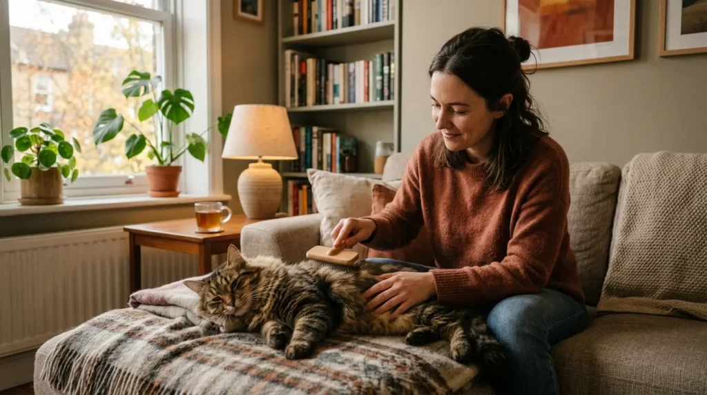 indoor cat grooming — owner gently brushing a long-haired cat on a couch in a cozy apartment