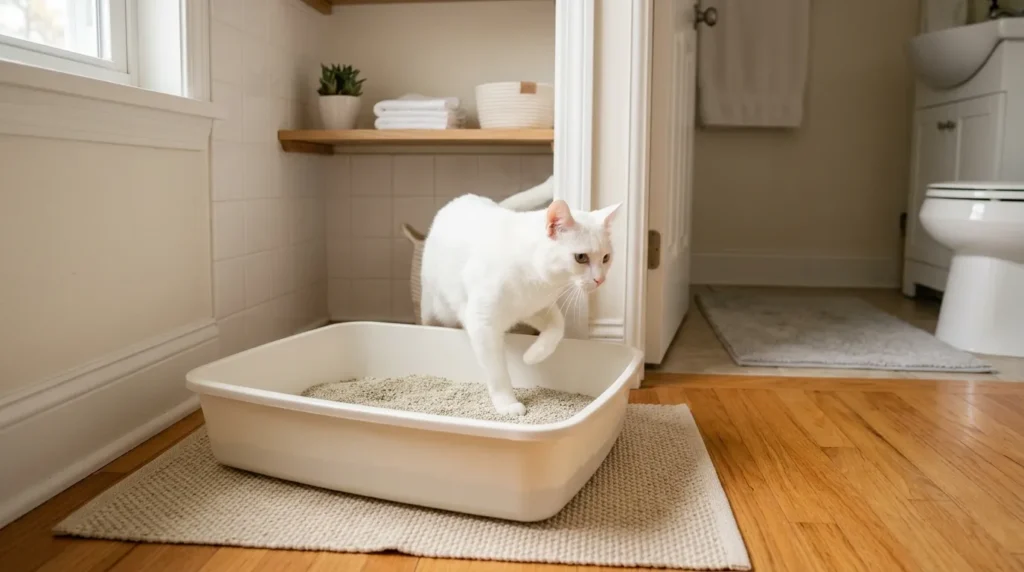  indoor cat litter box — white cat stepping into a large open litter box in a quiet bathroom corner