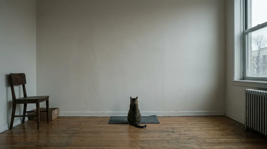  indoor cat boredom mistakes — cat sitting alone staring at a blank wall in an unstimulating apartment room