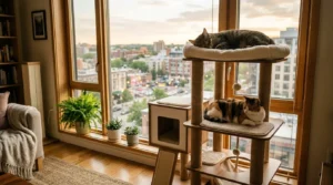 indoor cat vertical space — two cats resting on different levels of a tall cat tree near an apartment window