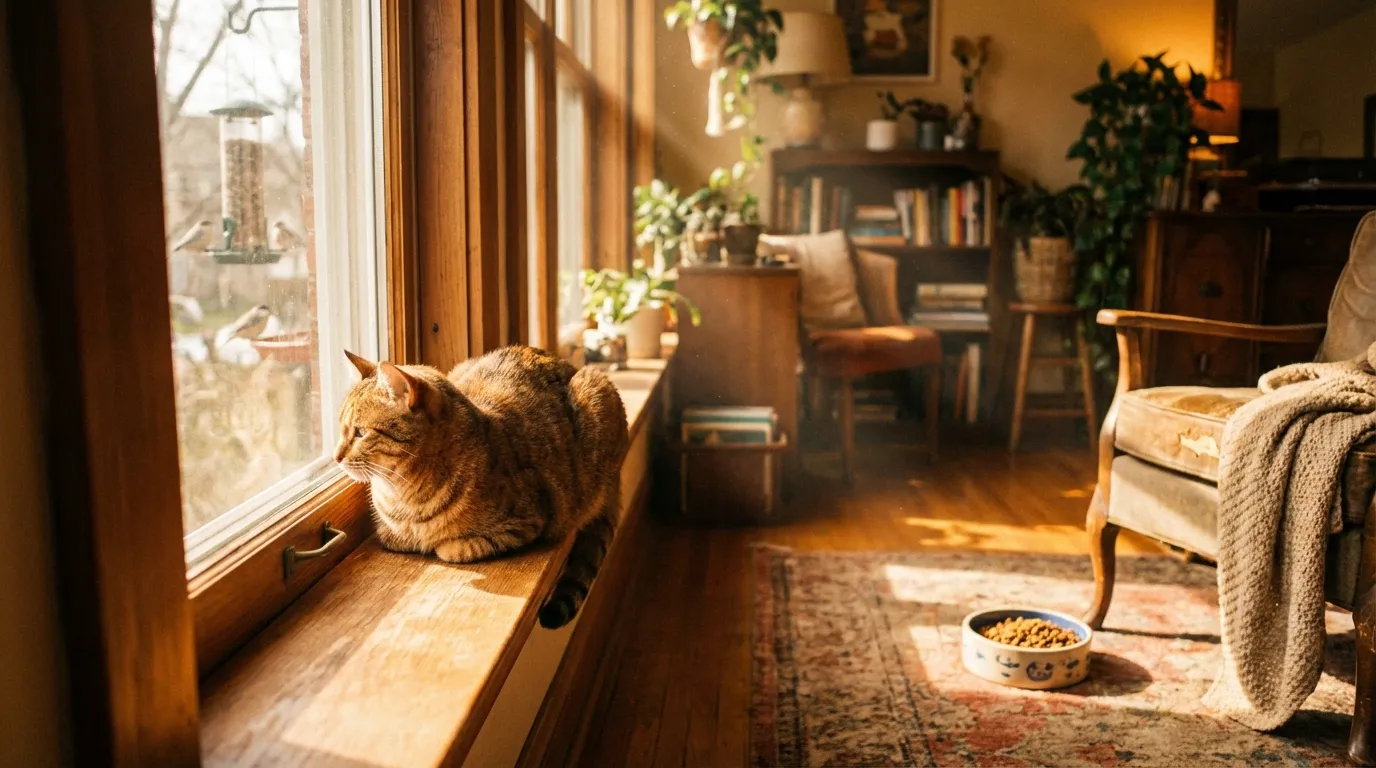 how to take care of indoor cat — tabby cat sitting on a sunny apartment windowsill watching birds outside