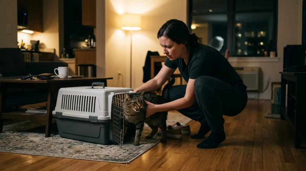 cat pain emergency vet visit — owner urgently placing distressed vocalizing cat into carrier at night in apartment