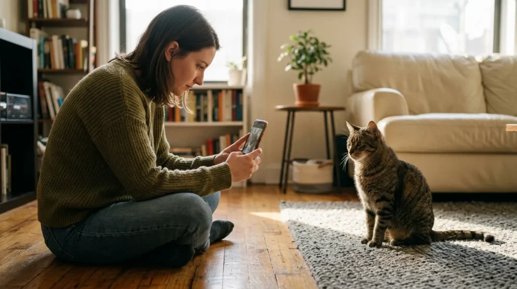 feline grimace scale cat pain assessment — owner taking photo of undisturbed cat face in apartment for pain scoring