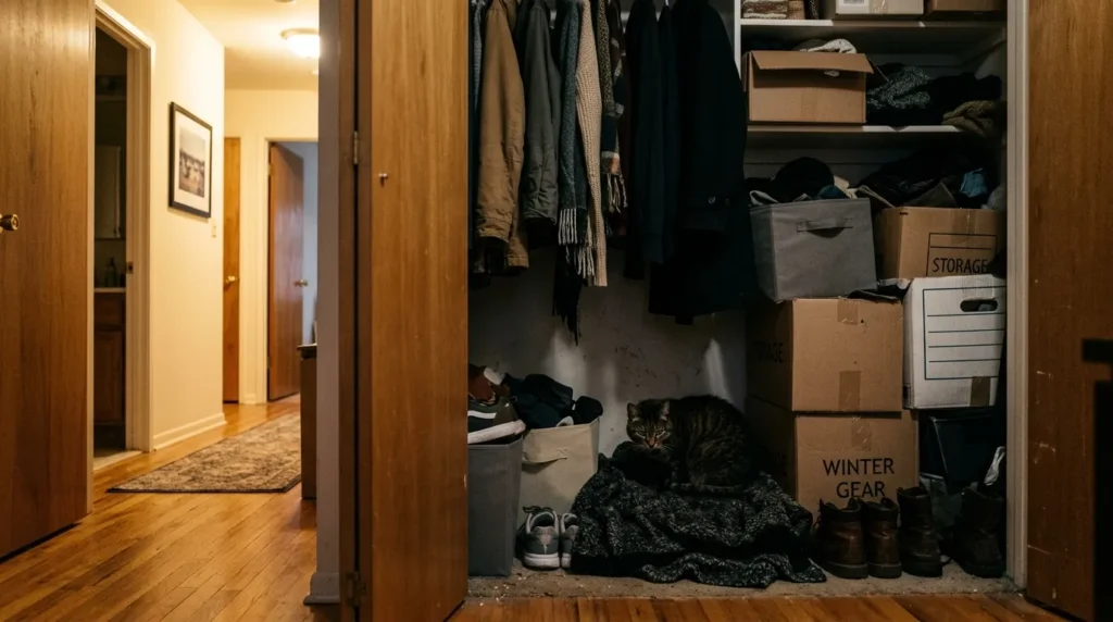 how to tell if cat is in pain hiding — tabby cat hiding in dark closet in apartment communicating prey instinct to mask pain