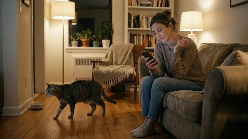 indoor cat pain recognition mistake — owner dismissing stiff walking senior cat in apartment as normal aging