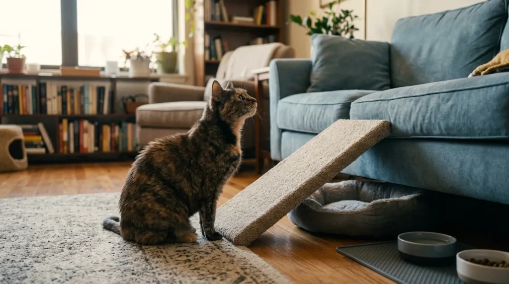 senior indoor cat pain detection — stiff senior cat beside low ramp hesitating to jump in age-adapted apartment