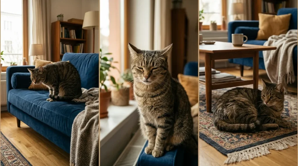 how to tell if cat is in pain twelve signs — apartment scenes showing hunched posture squinting eyes and unkempt coat in three angles