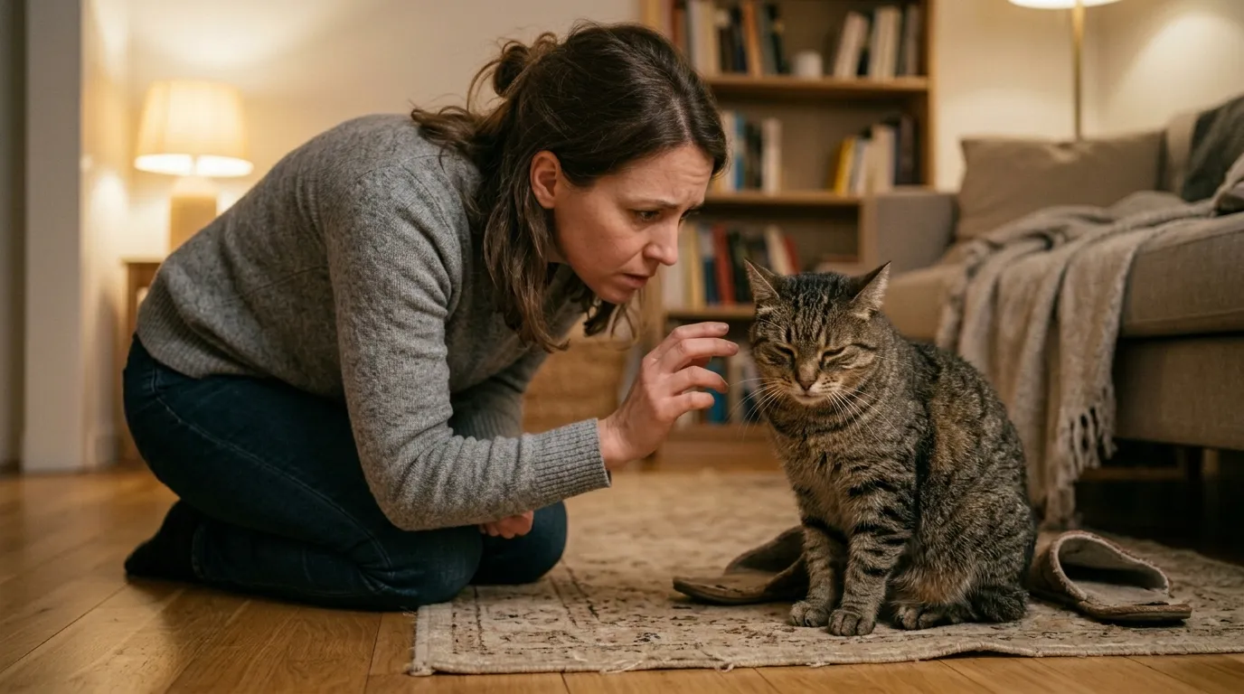 how to tell if cat is in pain — concerned owner closely observing hunched tabby cat with squinted eyes in apartment