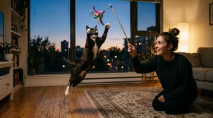 hyper indoor cat play session ending — cat gripping a feather toy after the catch showing the completed hunting sequence before the evening meal
