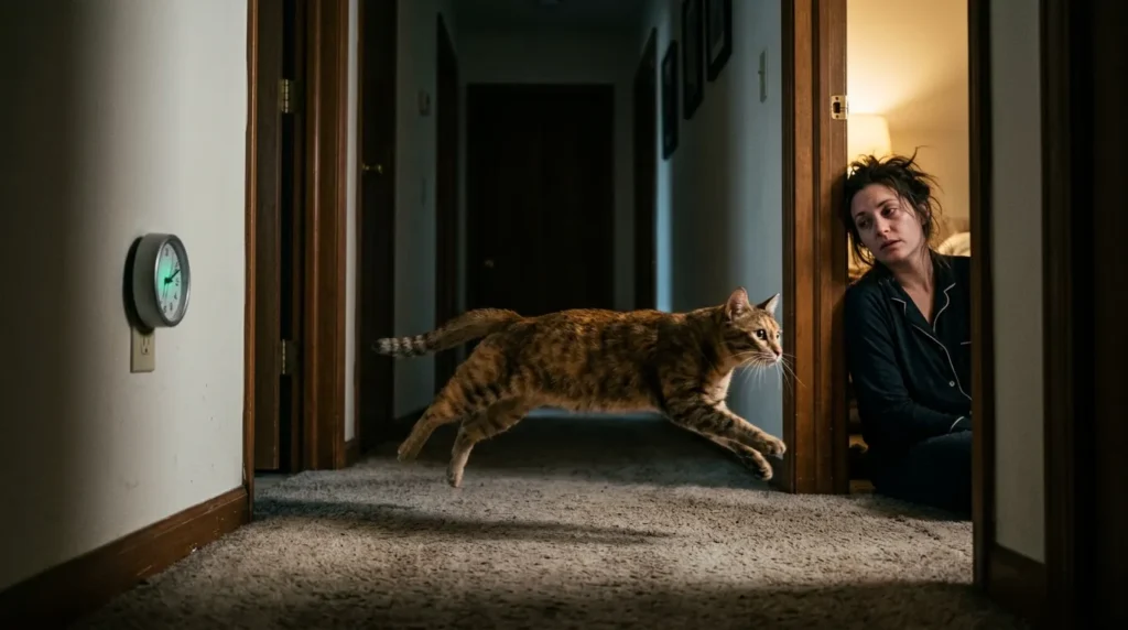 tire out hyper indoor cat evening play session — owner and cat in an intense evening wand toy session at dusk with the cat mid-leap at peak physical effort