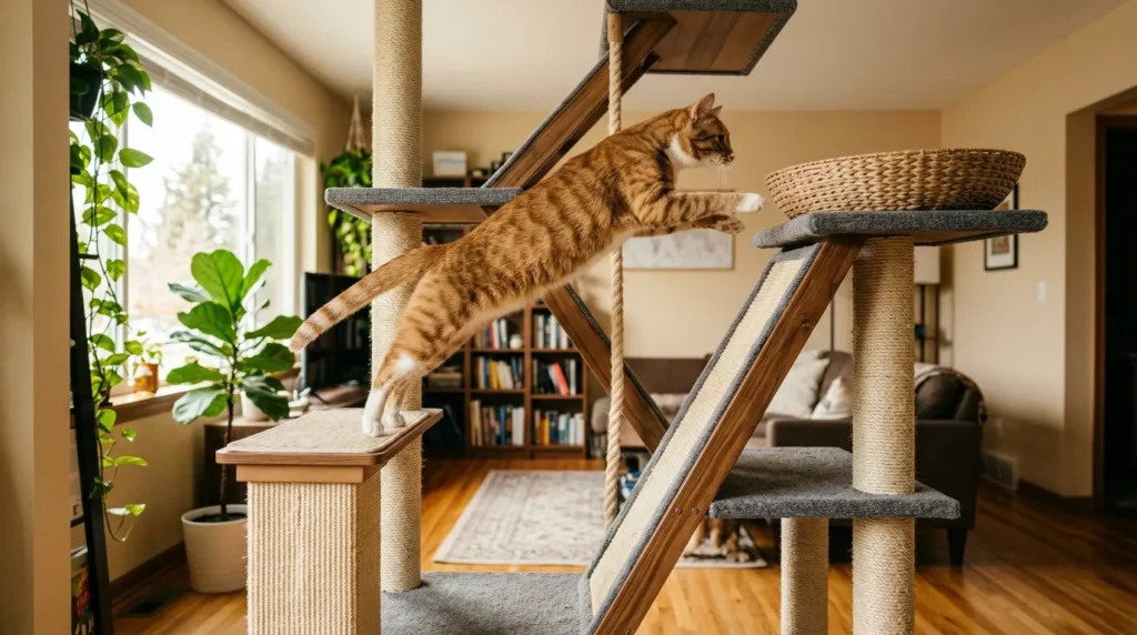 tire out hyper indoor cat midday play — cat chasing a crinkle ball across an apartment floor during a short five-minute midday energy outlet session