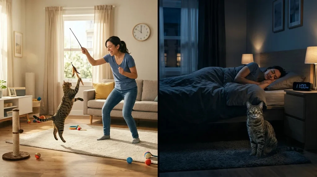 hyper indoor cat mistake — owner doing one long play session at noon then ignoring the cat all evening showing the timing and sequencing error that causes nighttime energy