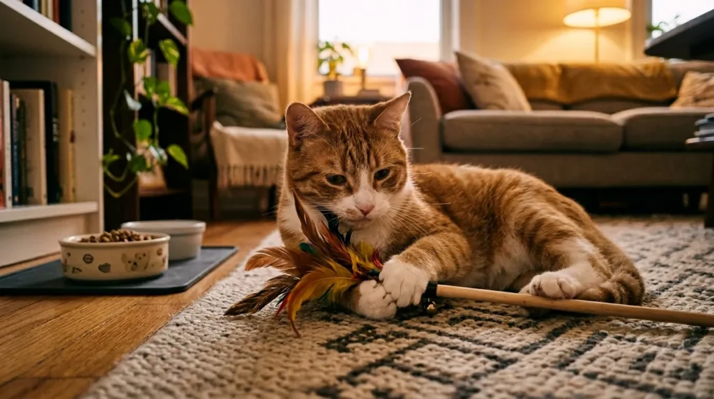 tire out hyper indoor cat puzzle feeder — cat working intensely at a food puzzle feeder using physical and cognitive effort to access its meal