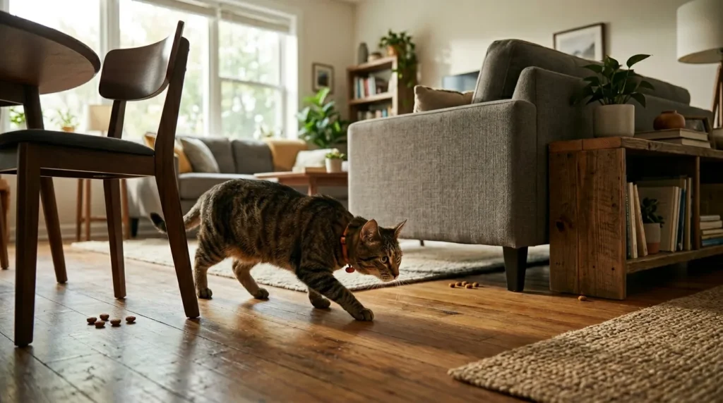 tire out hyper indoor cat scatter feeding — hyper cat hunting for hidden food portions around an apartment burning physical energy through foraging before the evening session
