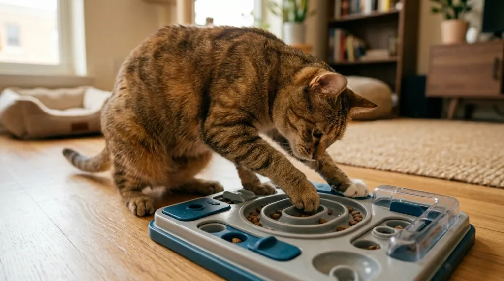 tire out hyper indoor cat vertical space — cat leaping between cat tree platforms burning energy in natural climbing and jumping movement throughout the day