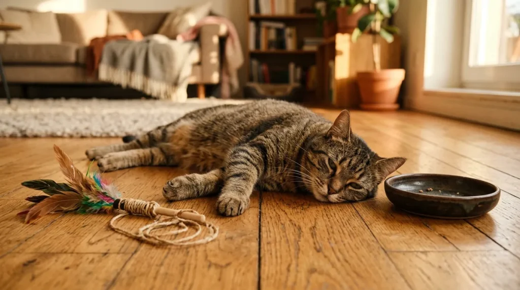 how to tire out hyper indoor cat nighttime energy — cat sprinting down a dark apartment hallway at night while owner watches from bed showing the crepuscular problem