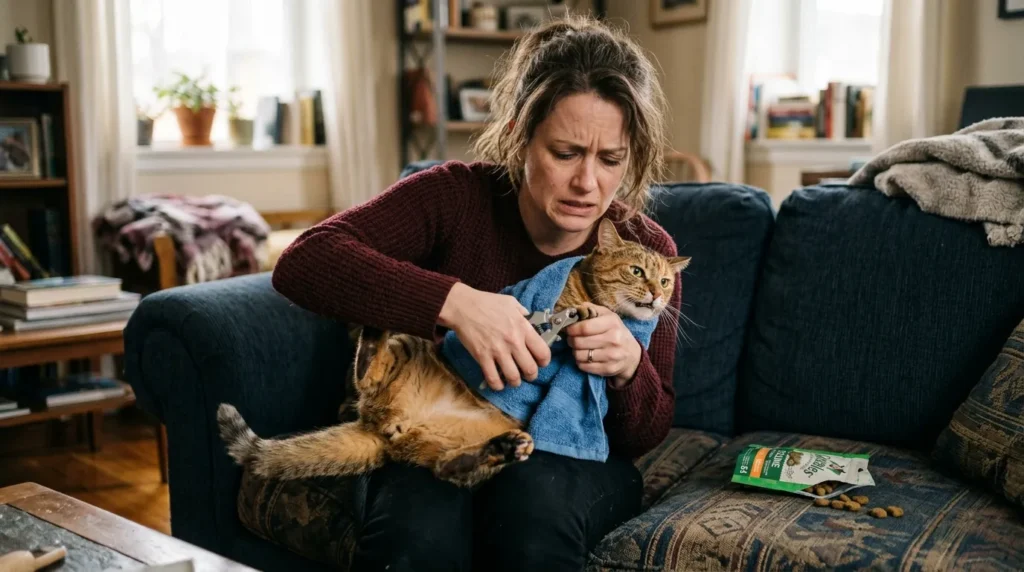 cat nail trimming mistake — owner forcing tense cat during session while treat sits unused nearby
