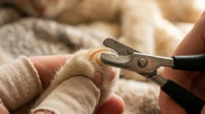 trimming cat nail at correct angle — clippers positioned at 45 degrees on clear tip away from pink quick