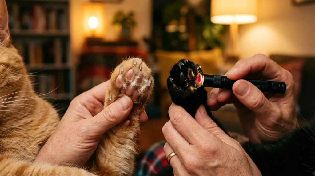 identifying the quick in cat nails — light nails showing pink quick and dark nails checked with flashlight