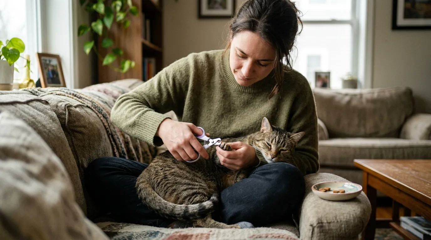 how to trim cat nails at home — owner clipping relaxed tabby cat's claw on couch with scissors-style clippers