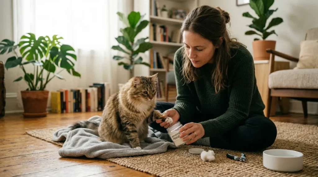 what to do if you cut cat nail quick — owner applying styptic powder to cat's paw on apartment floor