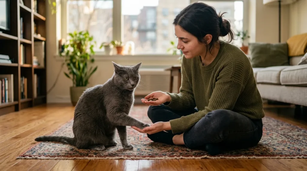 desensitizing cat to nail trimming — owner holding cat's paw gently while offering treat during training session